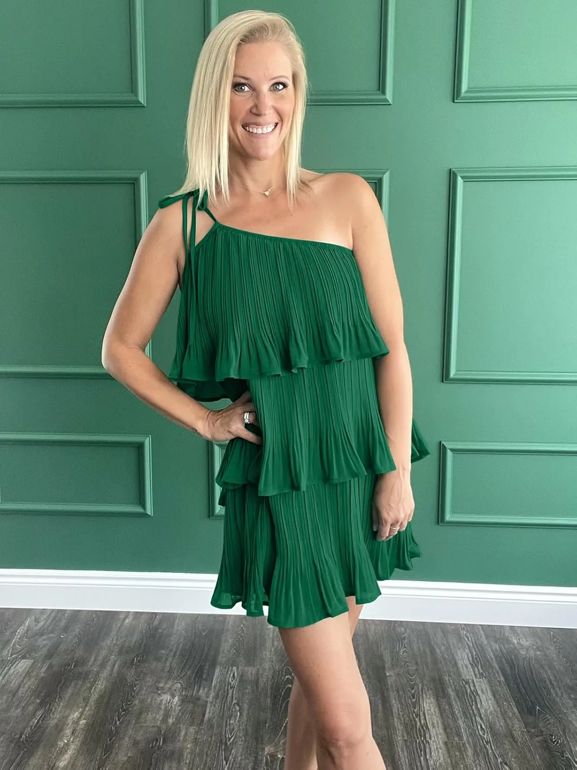 DEEP SELF Women's Summer One Shoulder Ruffle Mini Dress Casual Tiered Chiffon Pleated Flowy Short Dresses