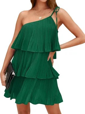 DEEP SELF Women's Summer One Shoulder Ruffle Mini Dress Casual Tiered Chiffon Pleated Flowy Short Dresses