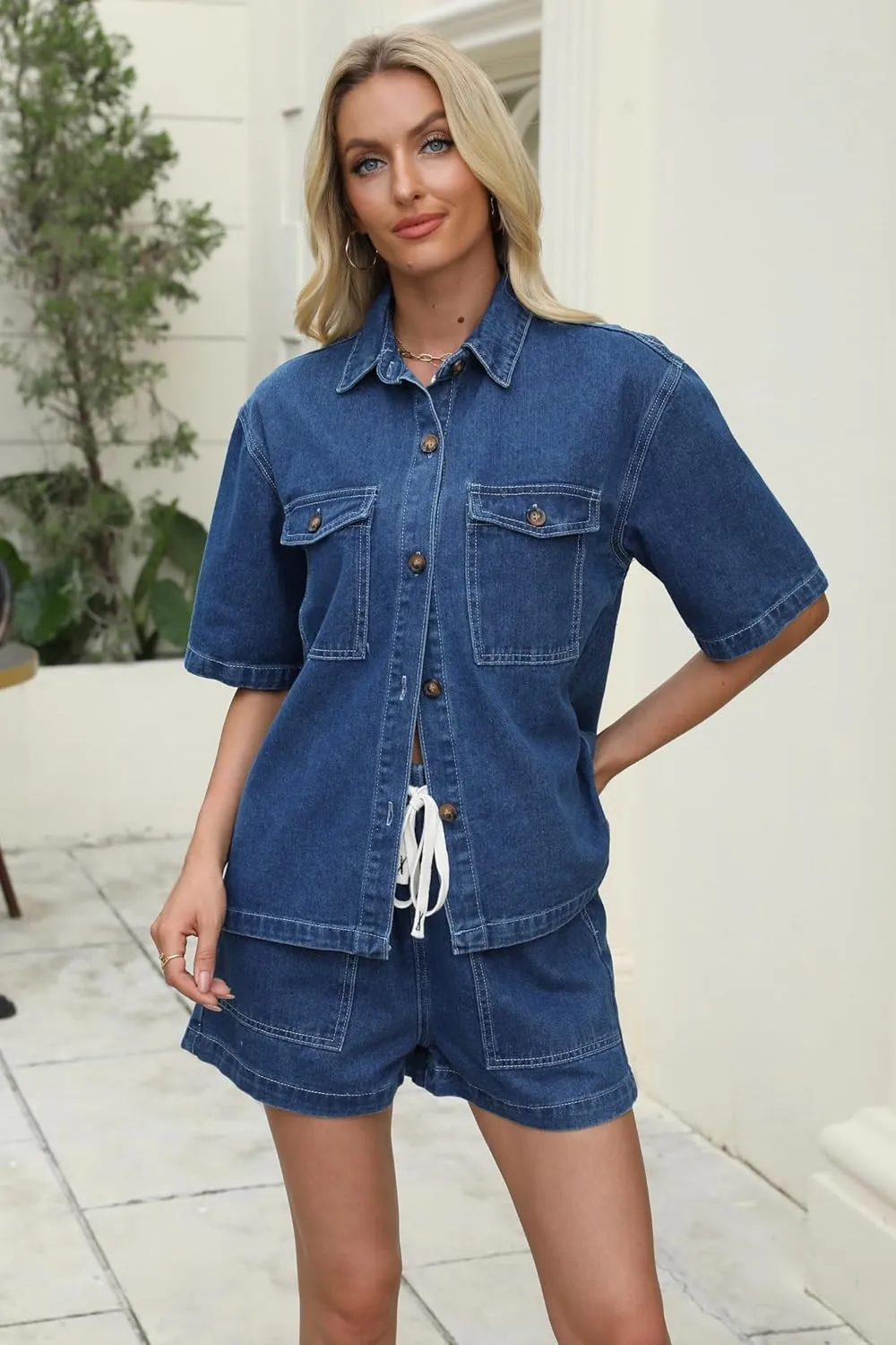 Denim Set for Women 2 Piece Button Down Shirt High Waist Denim Short Set Summer Jean Matching Sets