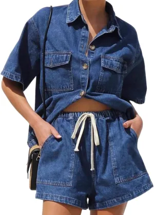 Denim Set for Women 2 Piece Button Down Shirt High Waist Denim Short Set Summer Jean Matching Sets