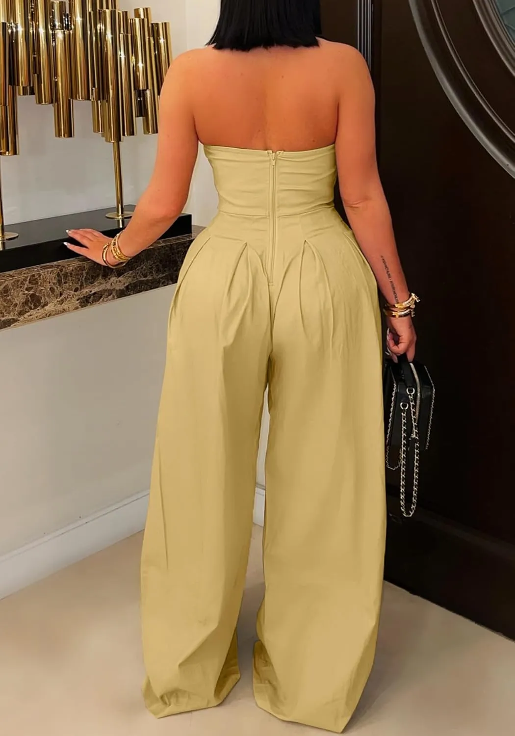 DINGANG Elegant Strapless Jumpsuit for Womens Dressy Off Shoulder Tube Top Button Wide Leg Romper