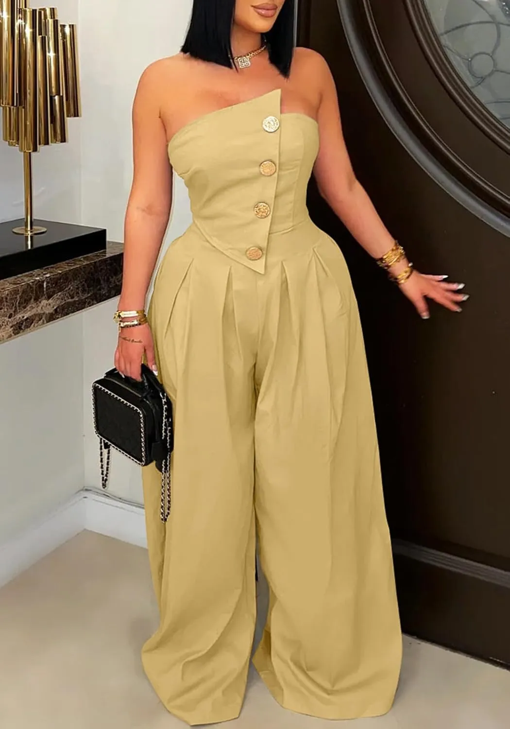 DINGANG Elegant Strapless Jumpsuit for Womens Dressy Off Shoulder Tube Top Button Wide Leg Romper