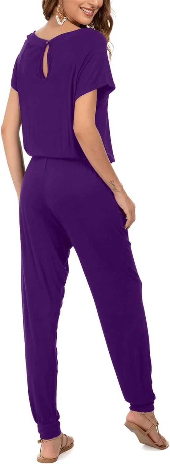 DouBCQ Womens Casual Short Sleeve Jumpsuits Elastic Waist Jumpsuit with Pockets