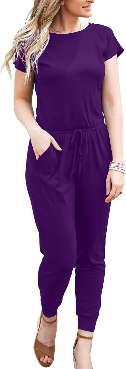 DouBCQ Womens Casual Short Sleeve Jumpsuits Elastic Waist Jumpsuit with Pockets