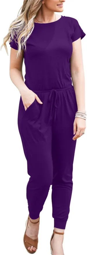 DouBCQ Womens Casual Short Sleeve Jumpsuits Elastic Waist Jumpsuit with Pockets