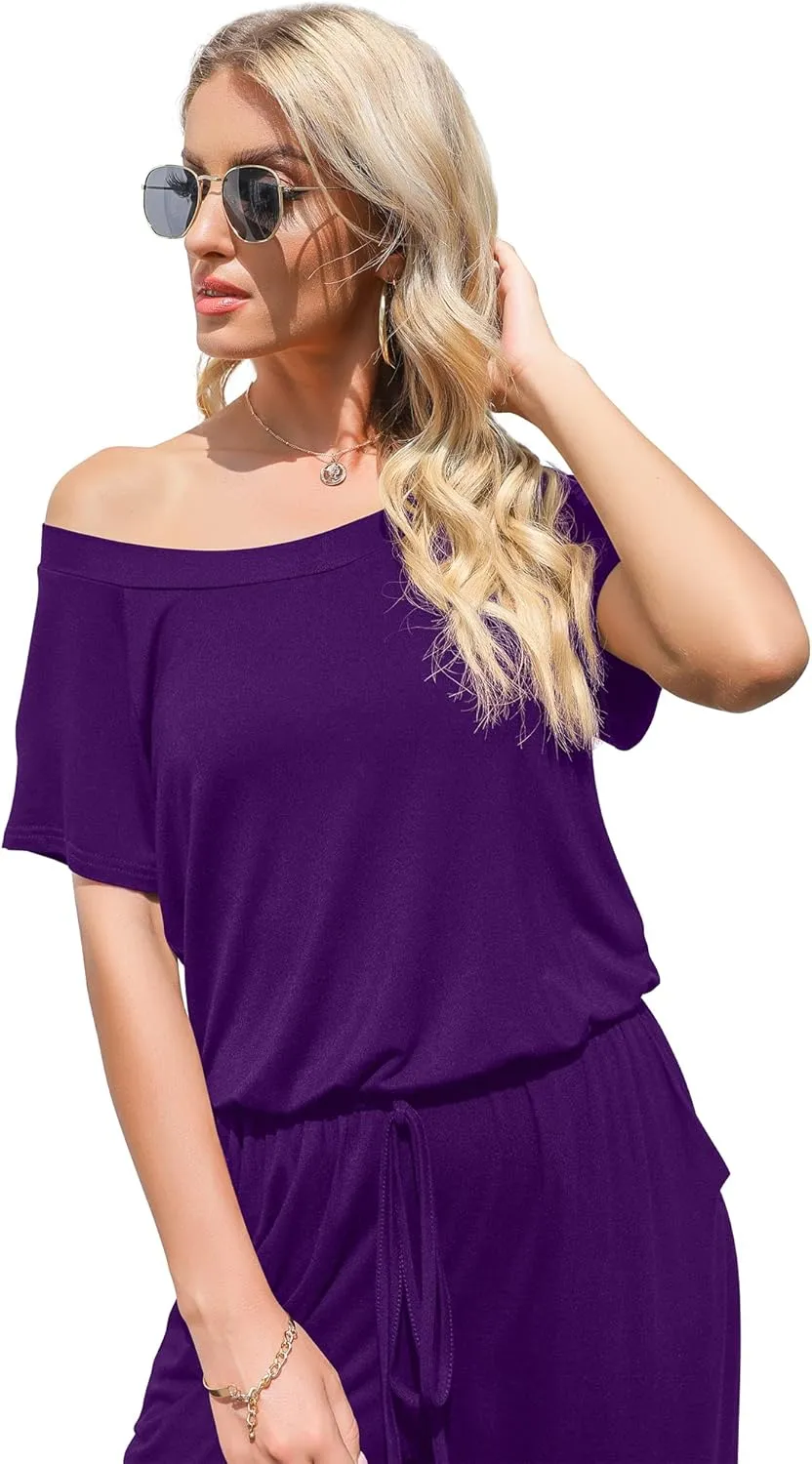 DouBCQ Womens Casual Short Sleeve Jumpsuits Elastic Waist Jumpsuit with Pockets
