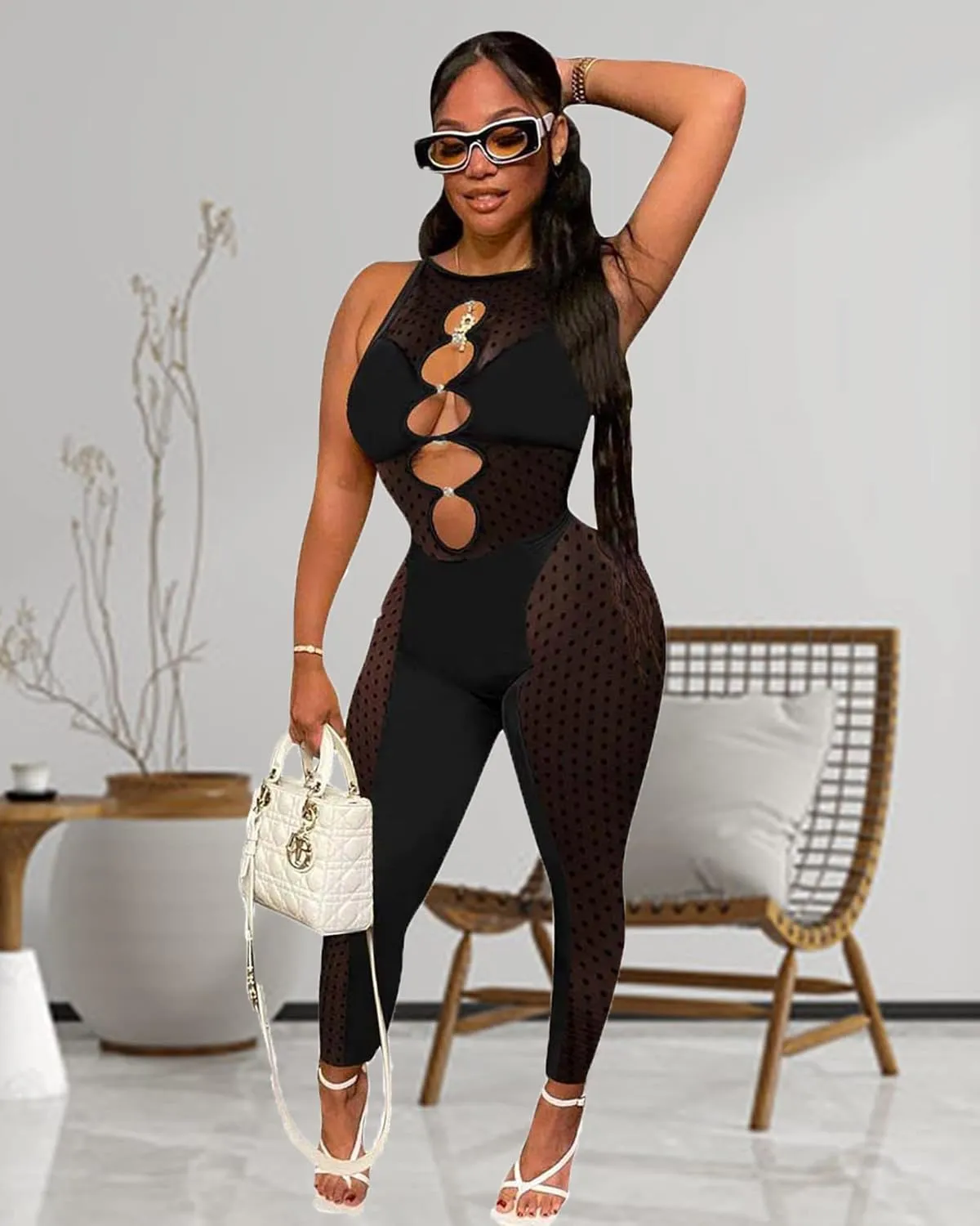 Doweha Sexy Mesh Short Jumpsuits for Women Summer Sleeveless Bodycon Party Club Romper Glitter Rhinestone Up Polka Dot Outfit
