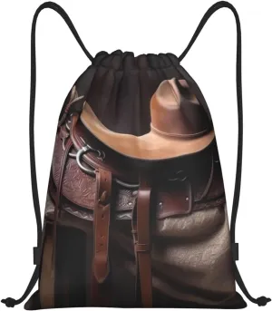 Drawstring Backpack Gym Drawstring Bag for Men Horse Saddle with a Cowboy Hat Draw String Bags Gym Bag Cinch Bag