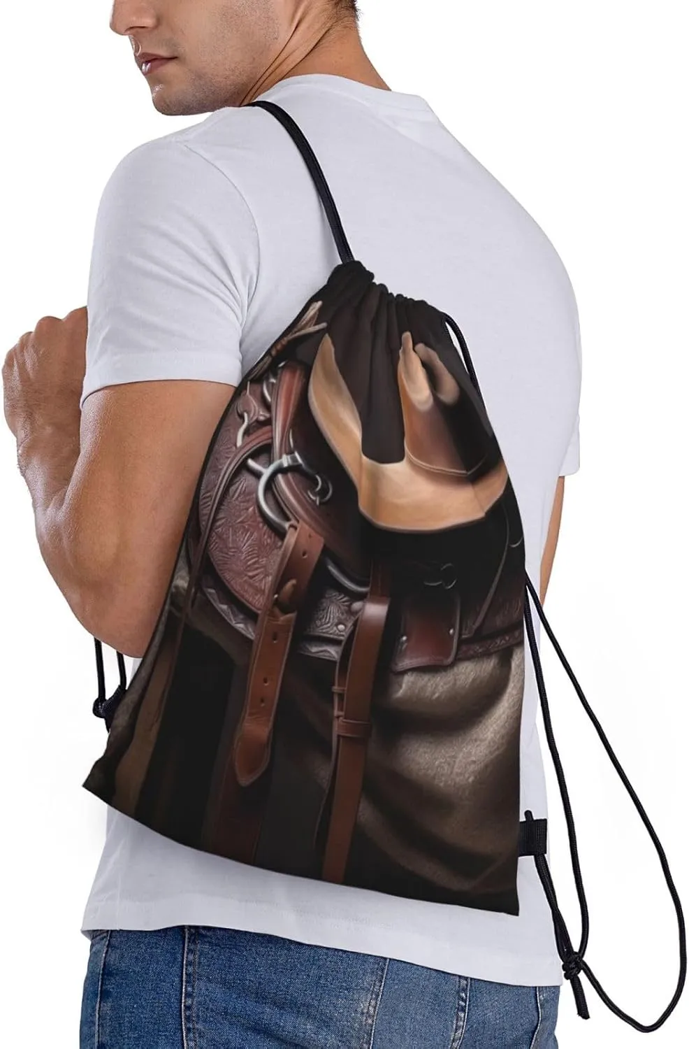 Drawstring Backpack Gym Drawstring Bag for Men Horse Saddle with a Cowboy Hat Draw String Bags Gym Bag Cinch Bag