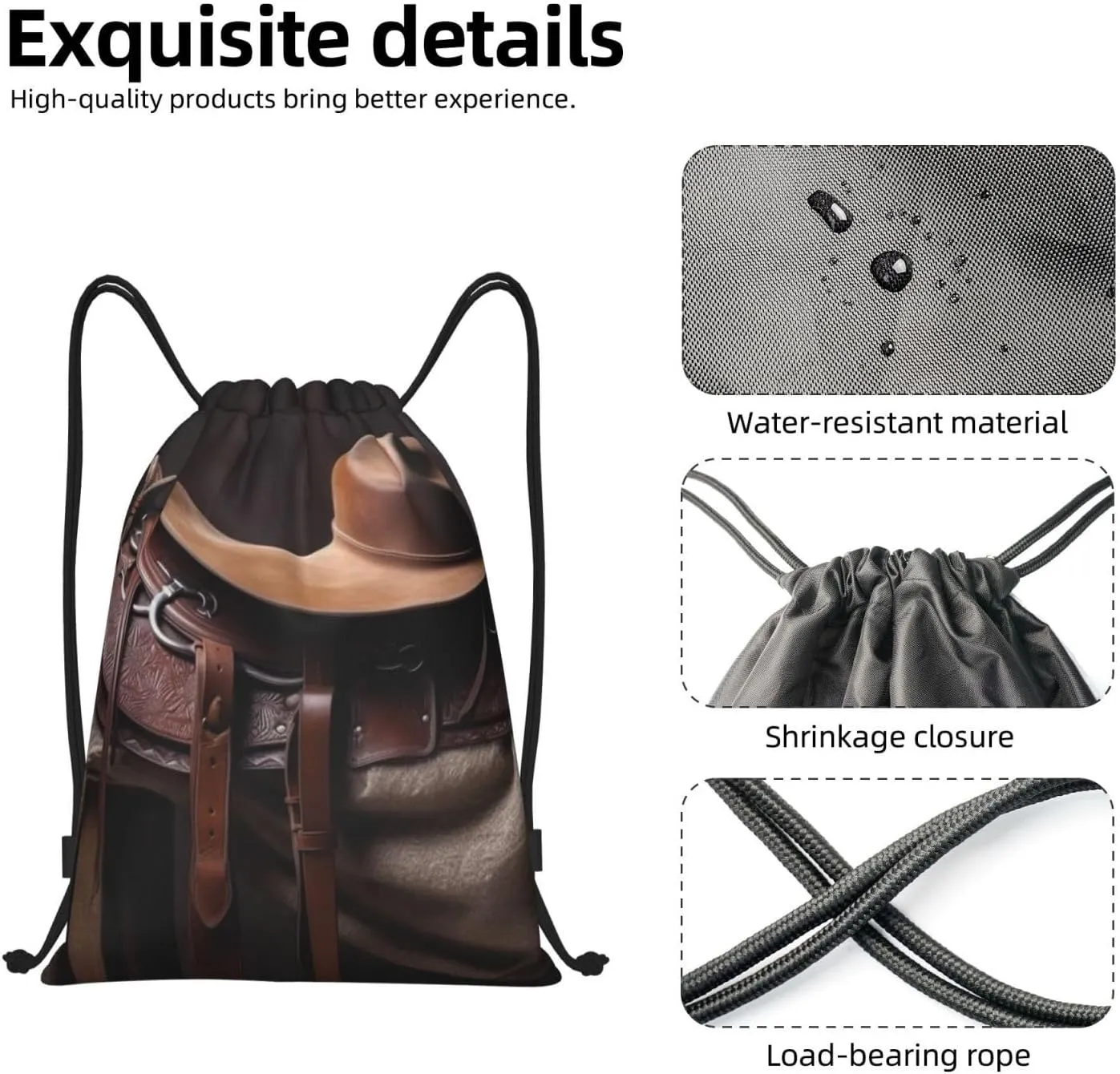 Drawstring Backpack Gym Drawstring Bag for Men Horse Saddle with a Cowboy Hat Draw String Bags Gym Bag Cinch Bag
