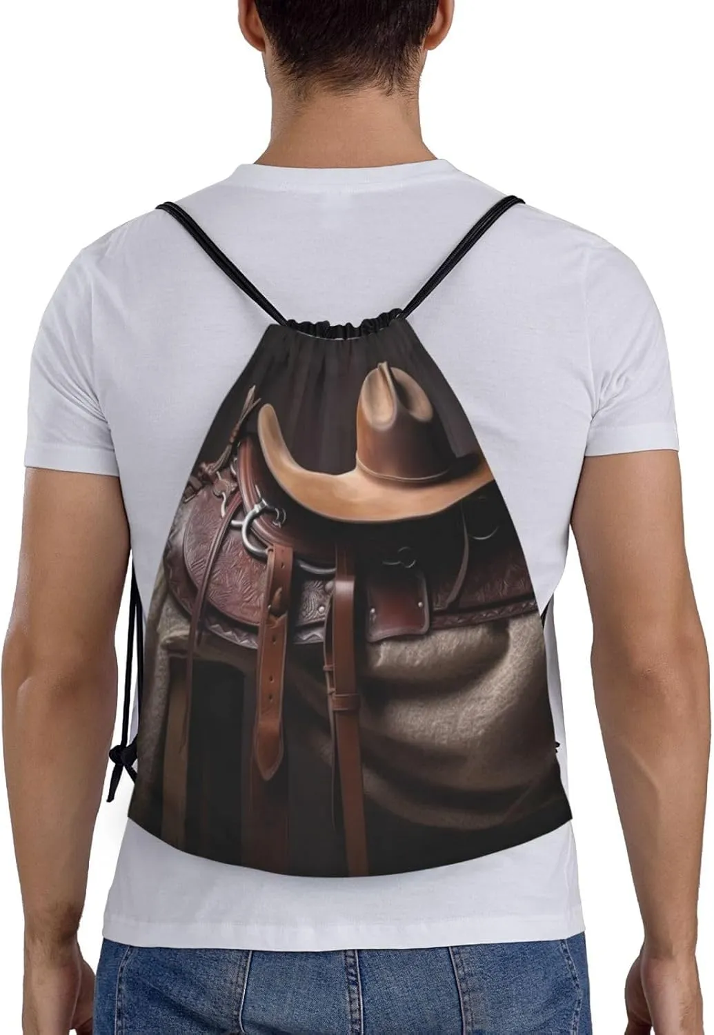 Drawstring Backpack Gym Drawstring Bag for Men Horse Saddle with a Cowboy Hat Draw String Bags Gym Bag Cinch Bag