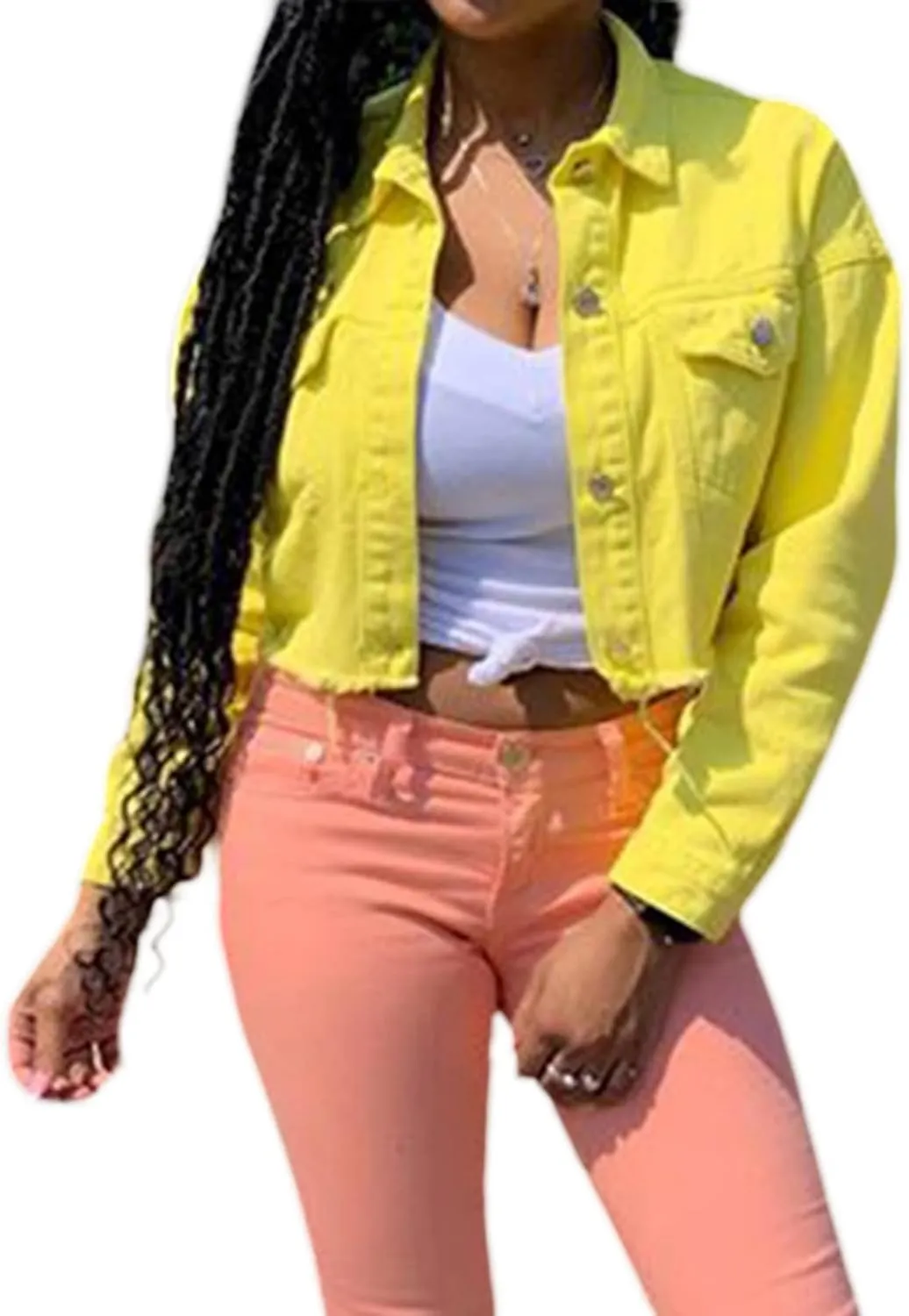 DSORVICD Women's Denim Short Coat, Solid Color Long Sleeve Lapel Jacket Button Down Distressed Hem Crop Jeans Coat