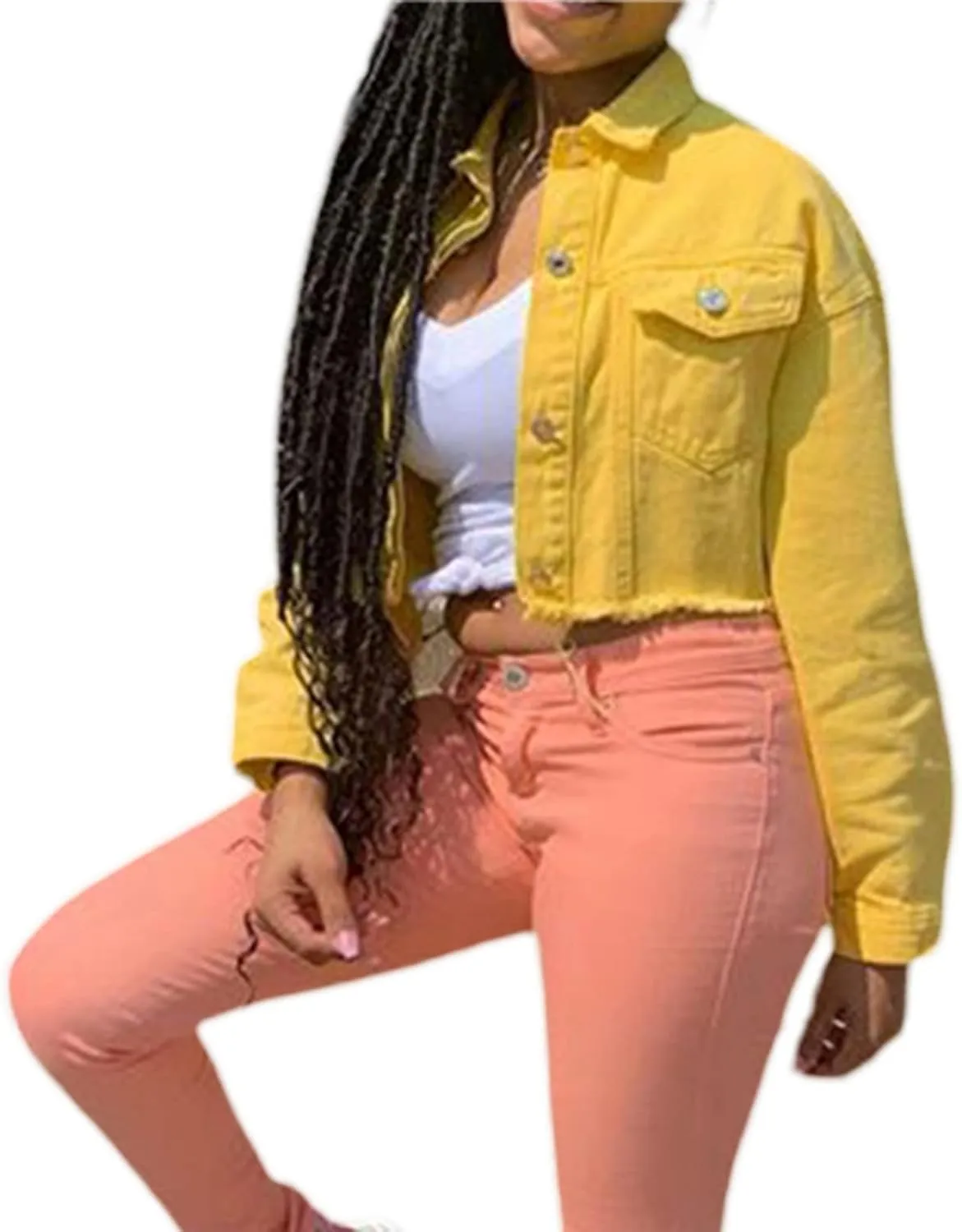 DSORVICD Women's Denim Short Coat, Solid Color Long Sleeve Lapel Jacket Button Down Distressed Hem Crop Jeans Coat