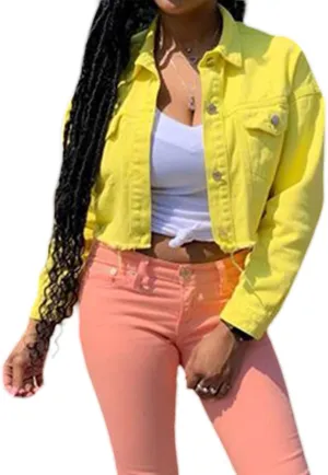 DSORVICD Women's Denim Short Coat, Solid Color Long Sleeve Lapel Jacket Button Down Distressed Hem Crop Jeans Coat
