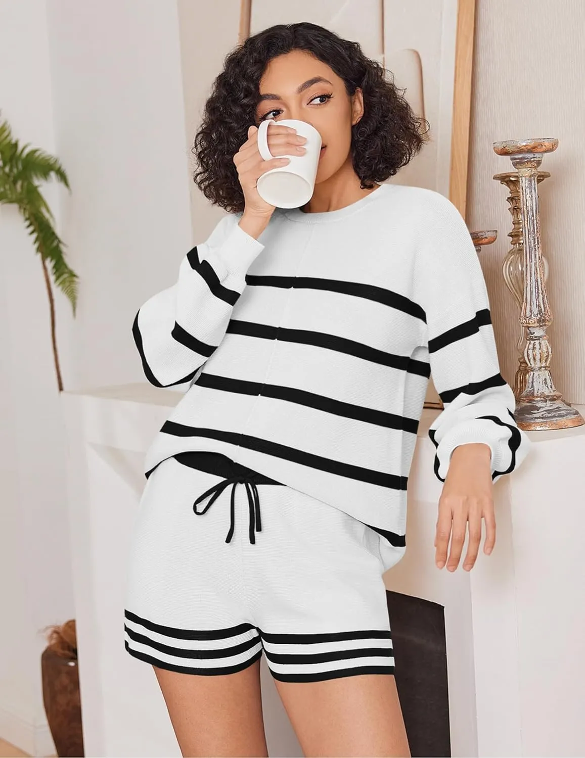 Ekouaer Womens 2 Piece Knit Sweatsuit Long Sleeve Tops and Shorts Pajamas Fashion Outfits Casual Lounge Set with Pockets