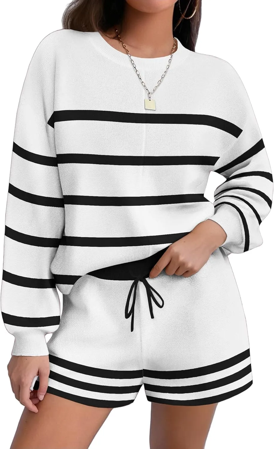 Ekouaer Womens 2 Piece Knit Sweatsuit Long Sleeve Tops and Shorts Pajamas Fashion Outfits Casual Lounge Set with Pockets