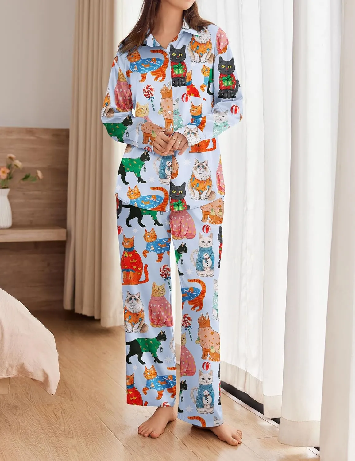 Ekouaer Womens Satin Silky Pajama Set 2 Piece Print PJs Soft Loungewear Button Down Sleepwear with Elastic Waist Long Pants