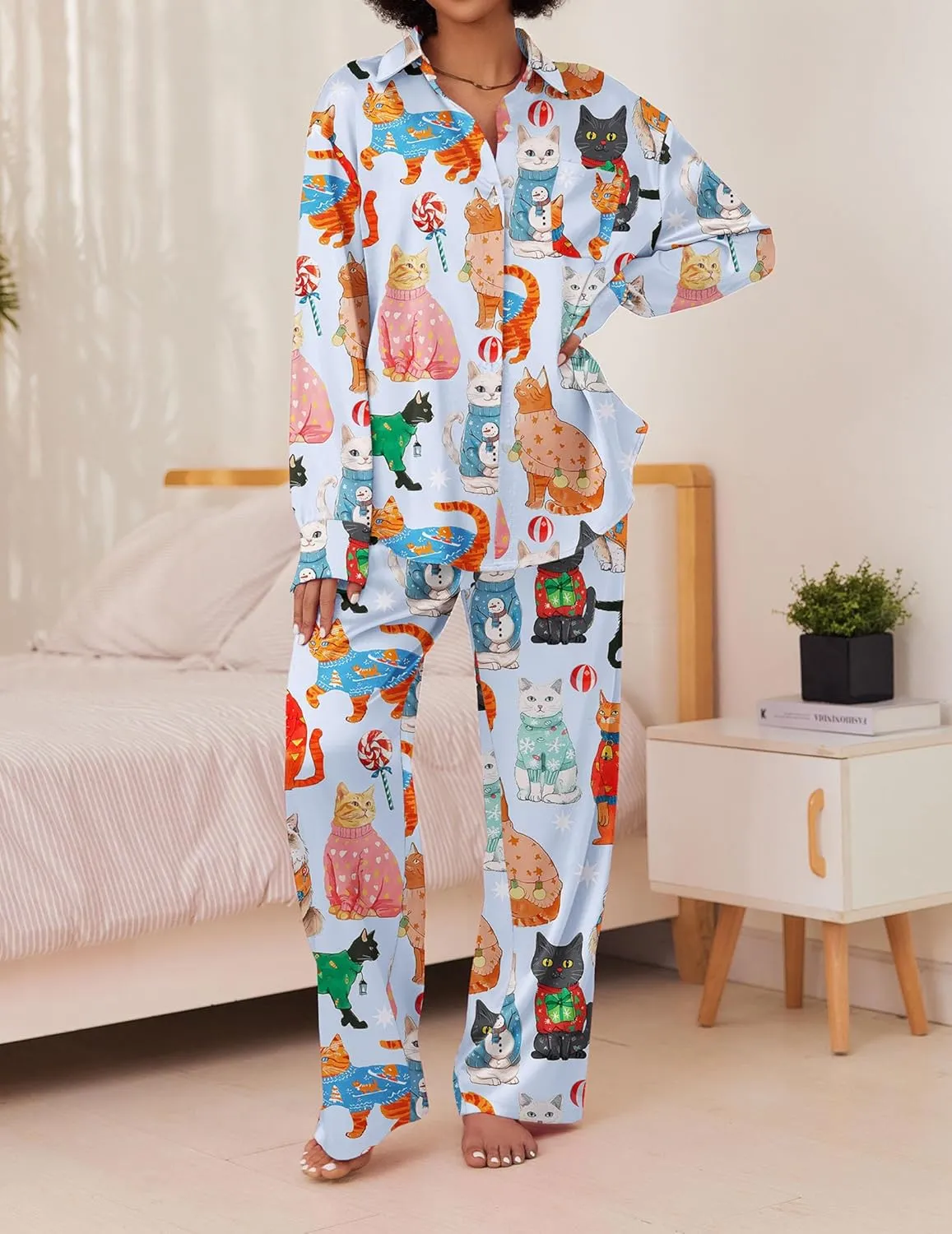 Ekouaer Womens Satin Silky Pajama Set 2 Piece Print PJs Soft Loungewear Button Down Sleepwear with Elastic Waist Long Pants