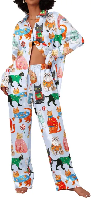 Ekouaer Womens Satin Silky Pajama Set 2 Piece Print PJs Soft Loungewear Button Down Sleepwear with Elastic Waist Long Pants