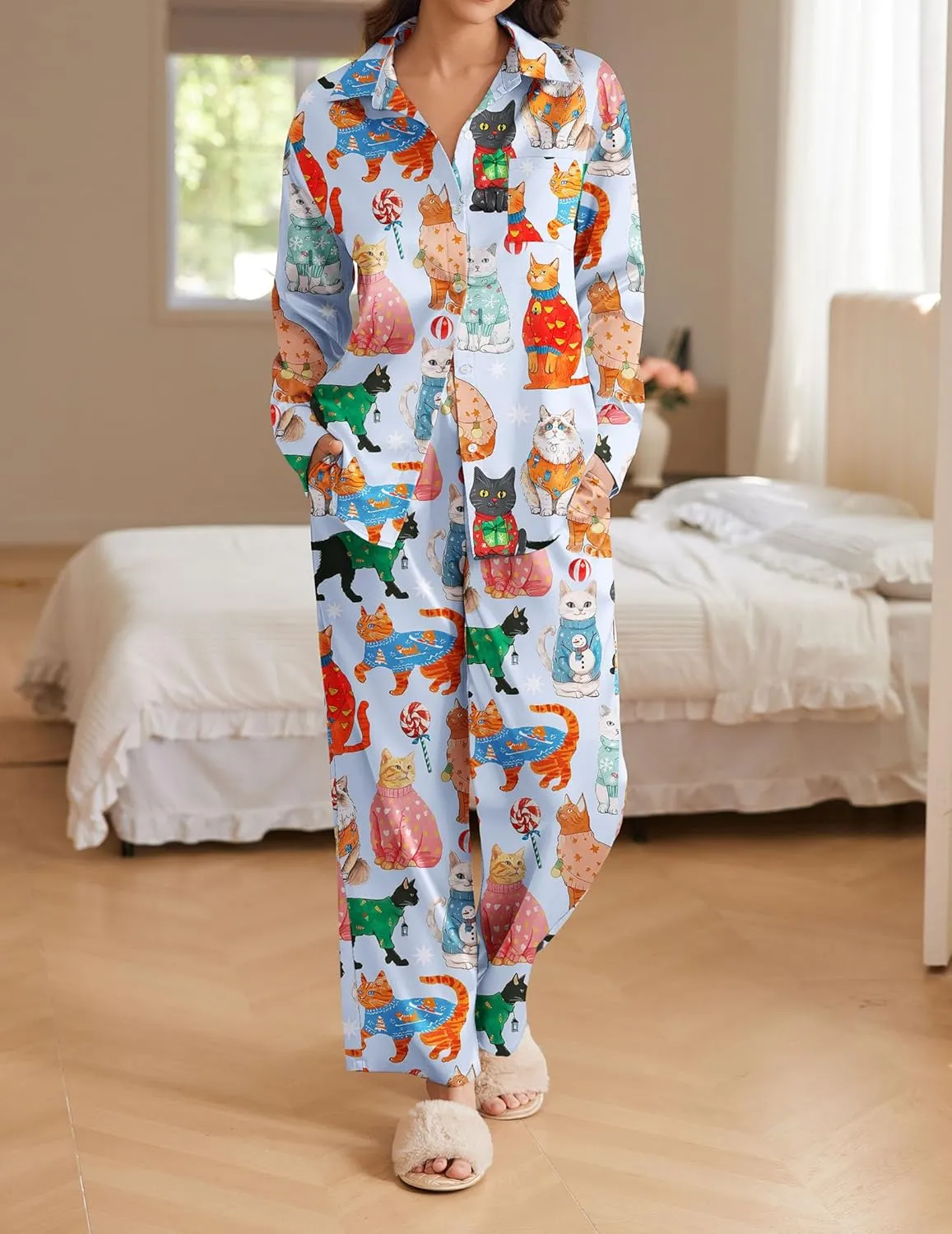 Ekouaer Womens Satin Silky Pajama Set 2 Piece Print PJs Soft Loungewear Button Down Sleepwear with Elastic Waist Long Pants