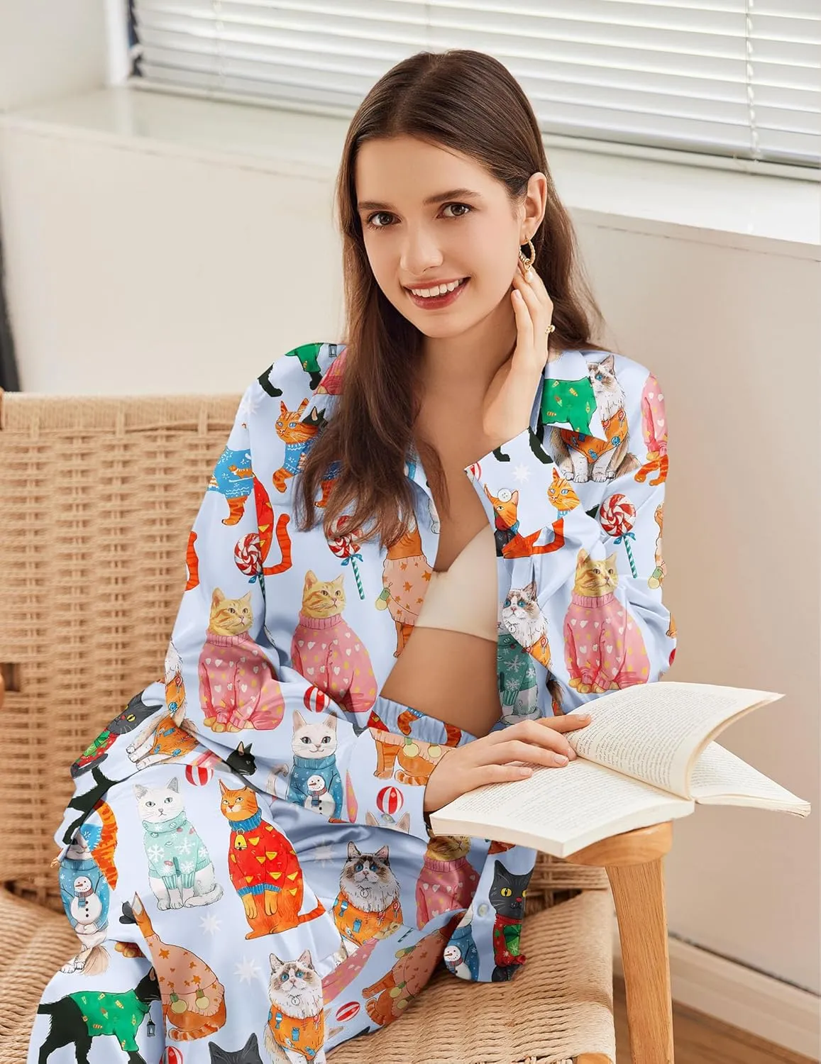 Ekouaer Womens Satin Silky Pajama Set 2 Piece Print PJs Soft Loungewear Button Down Sleepwear with Elastic Waist Long Pants