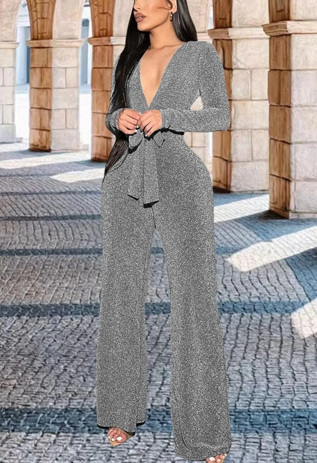 FairBeauty Women's Sexy Sparkly Jumpsuits Clubwear One Piece Deep V Neck Long Sleeve Pants with Belt