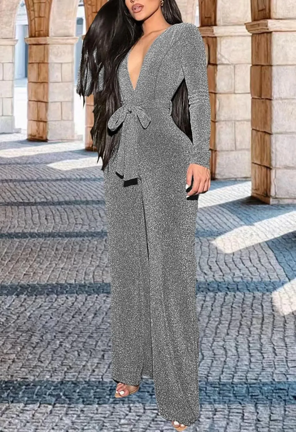 FairBeauty Women's Sexy Sparkly Jumpsuits Clubwear One Piece Deep V Neck Long Sleeve Pants with Belt