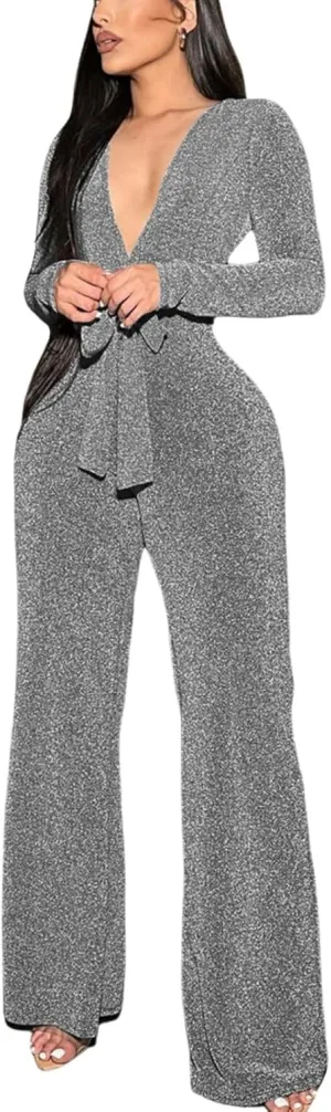 FairBeauty Women's Sexy Sparkly Jumpsuits Clubwear One Piece Deep V Neck Long Sleeve Pants with Belt