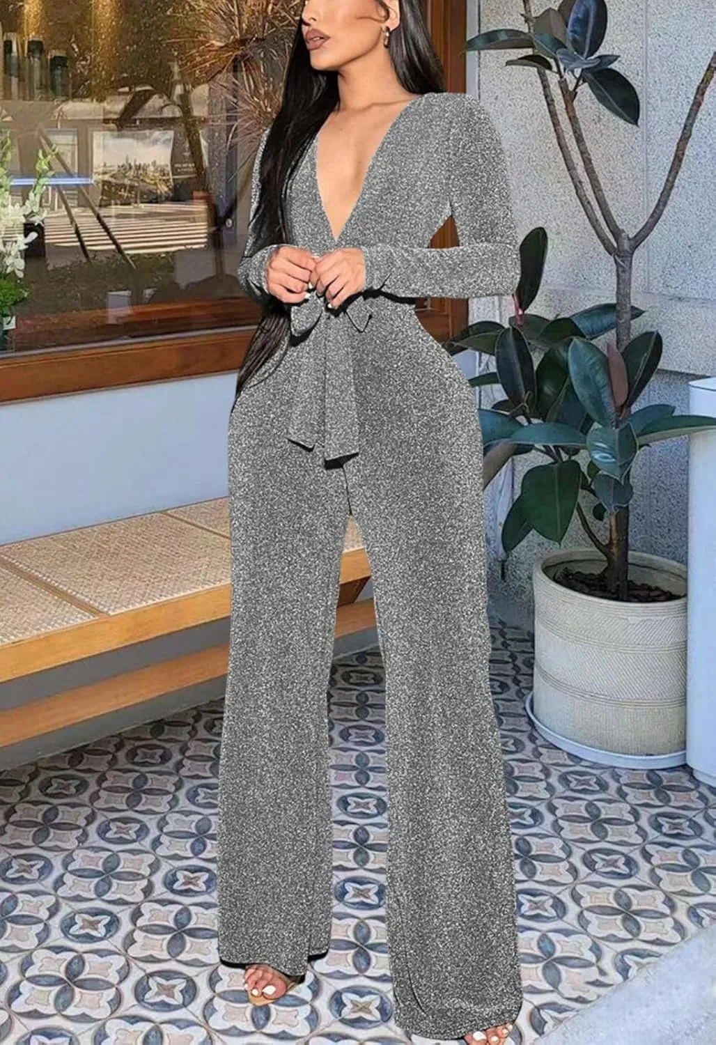 FairBeauty Women's Sexy Sparkly Jumpsuits Clubwear One Piece Deep V Neck Long Sleeve Pants with Belt