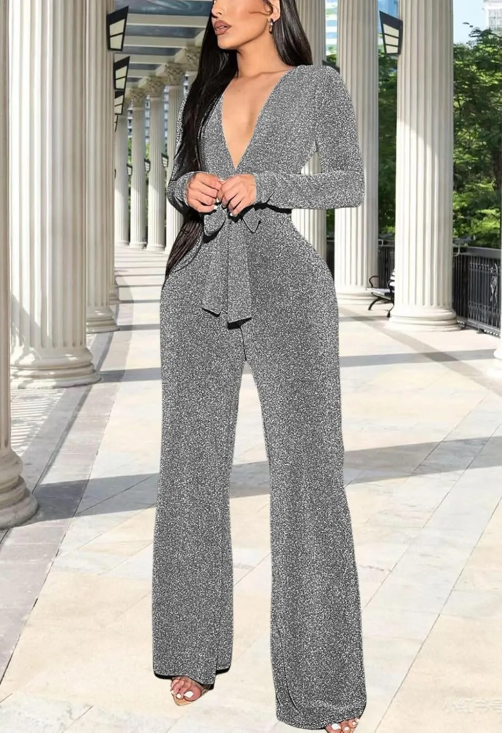 FairBeauty Women's Sexy Sparkly Jumpsuits Clubwear One Piece Deep V Neck Long Sleeve Pants with Belt