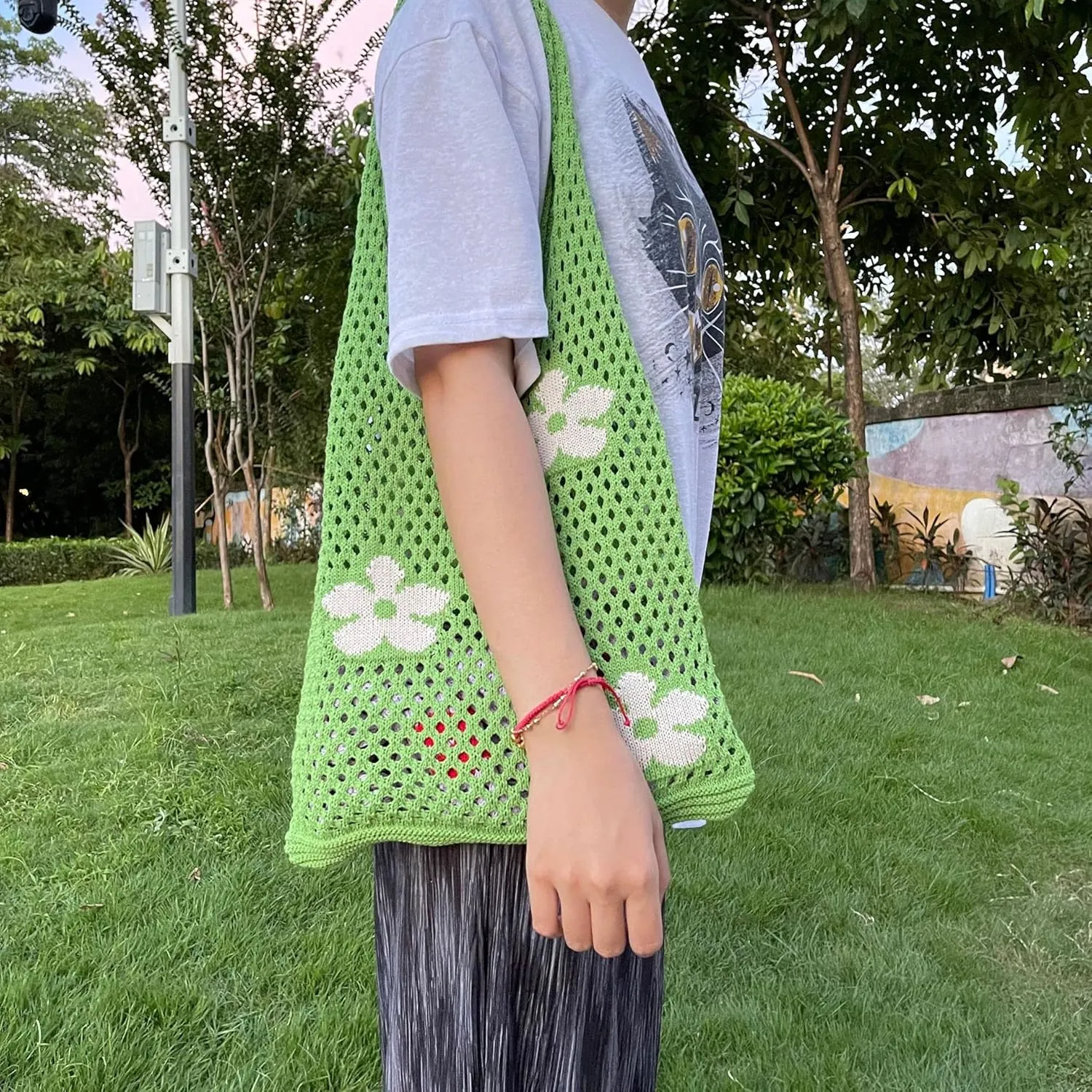Fairycore Tote Bag Crochet Hobo Bag Y2K Aesthetic Flower Shoulder Bag Fairy Grunge Hollow Out Alt Purse Accessories