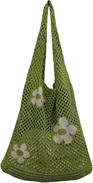 Fairycore Tote Bag Crochet Hobo Bag Y2K Aesthetic Flower Shoulder Bag Fairy Grunge Hollow Out Alt Purse Accessories