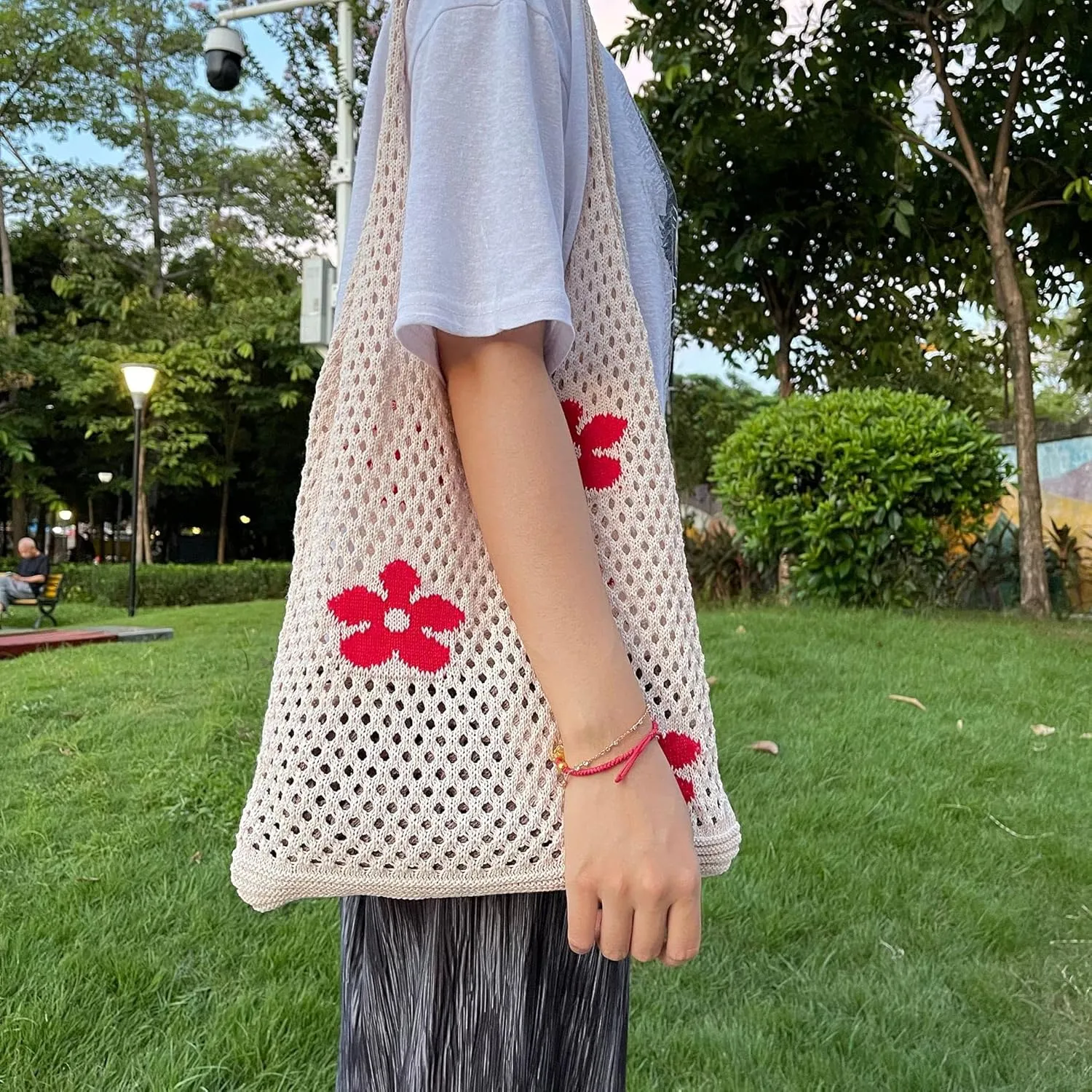 Fairycore Tote Bag Crochet Hobo Bag Y2K Aesthetic Flower Shoulder Bag Fairy Grunge Hollow Out Alt Purse Accessories