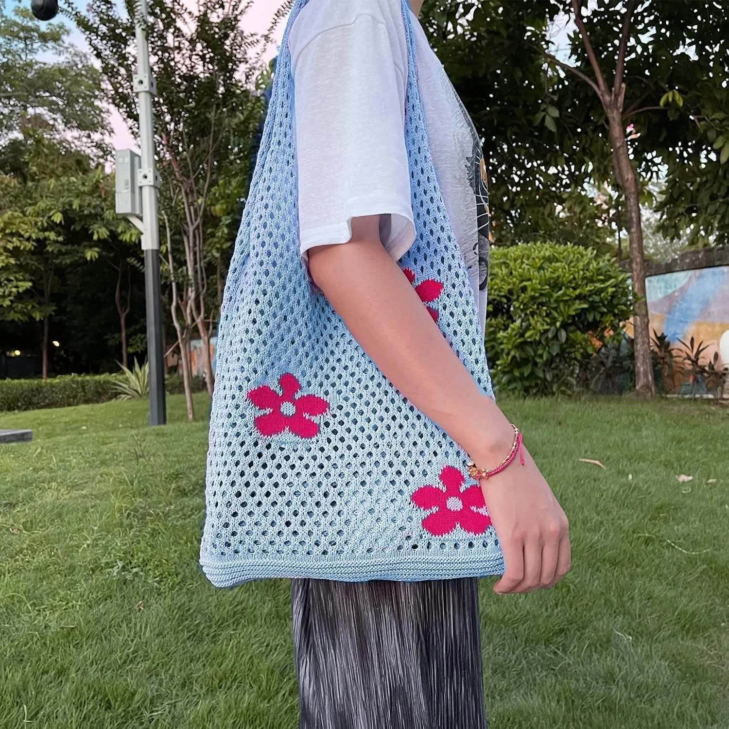 Fairycore Tote Bag Crochet Hobo Bag Y2K Aesthetic Flower Shoulder Bag Fairy Grunge Hollow Out Alt Purse Accessories