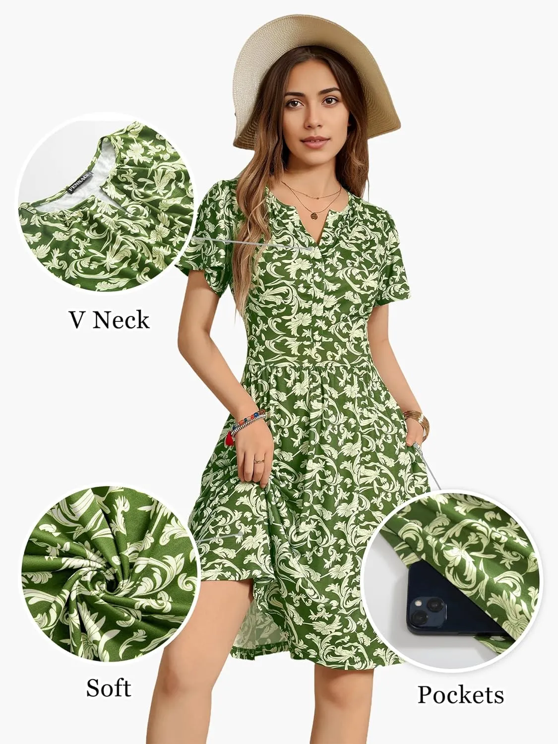 FENSACE Summer Short Sleeve V Neck Dress A Line Elegant Floral Midi Sundresses with Pockets