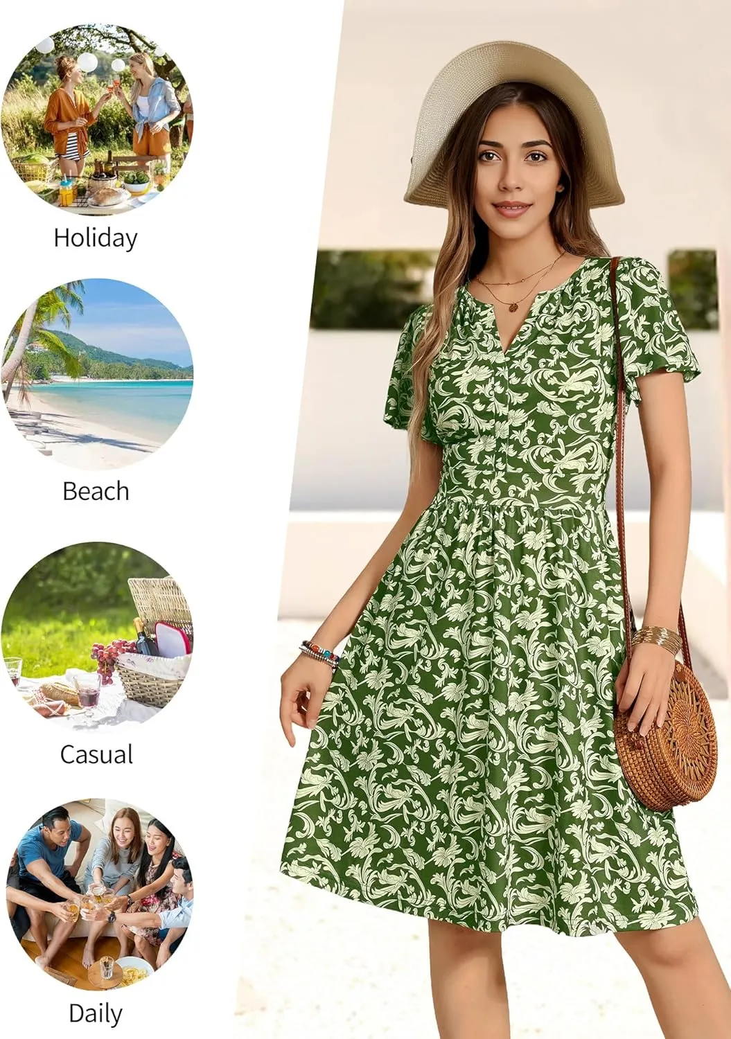 FENSACE Summer Short Sleeve V Neck Dress A Line Elegant Floral Midi Sundresses with Pockets