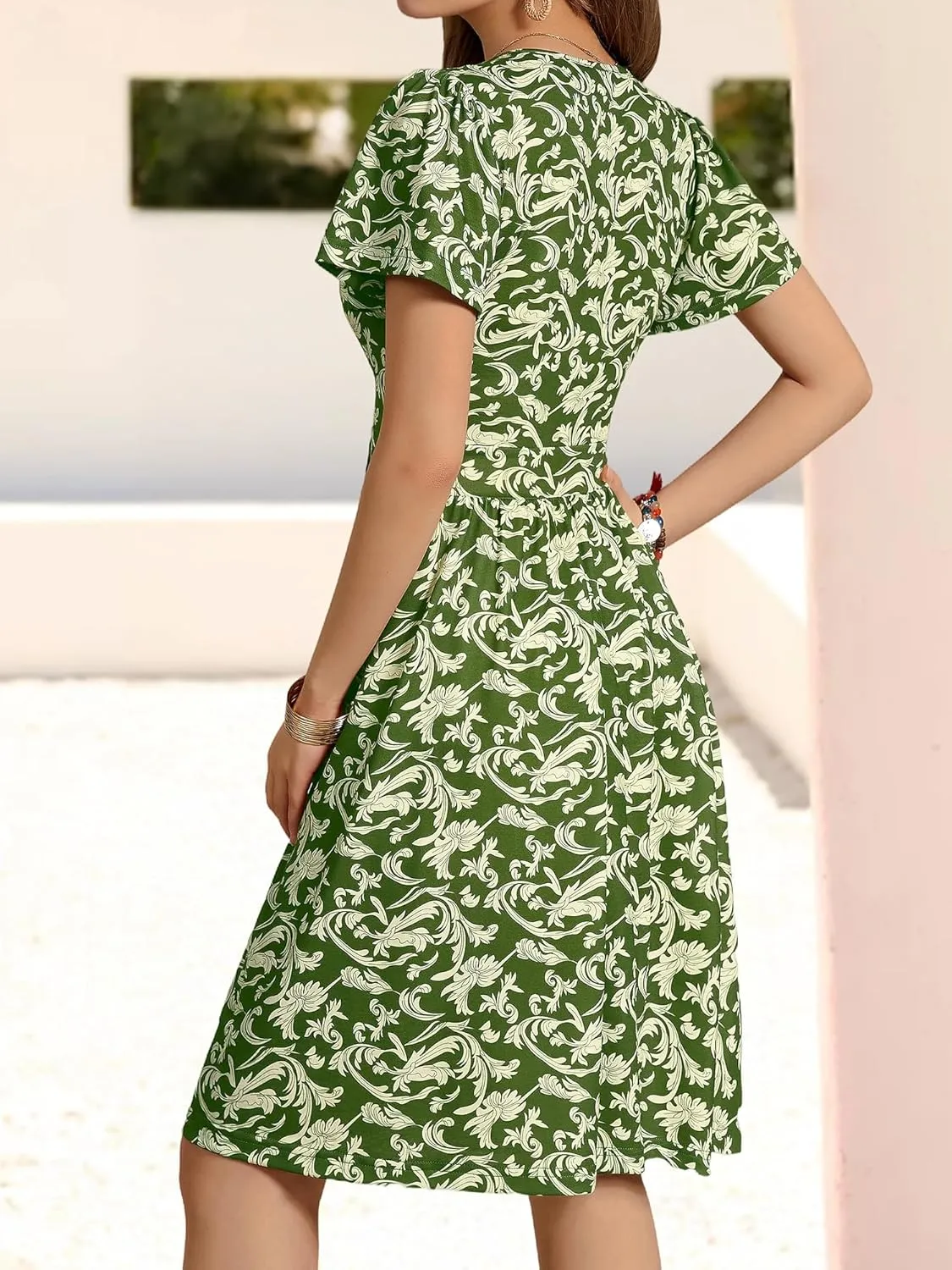 FENSACE Summer Short Sleeve V Neck Dress A Line Elegant Floral Midi Sundresses with Pockets