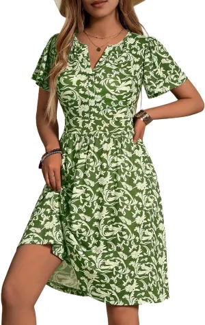 FENSACE Summer Short Sleeve V Neck Dress A Line Elegant Floral Midi Sundresses with Pockets
