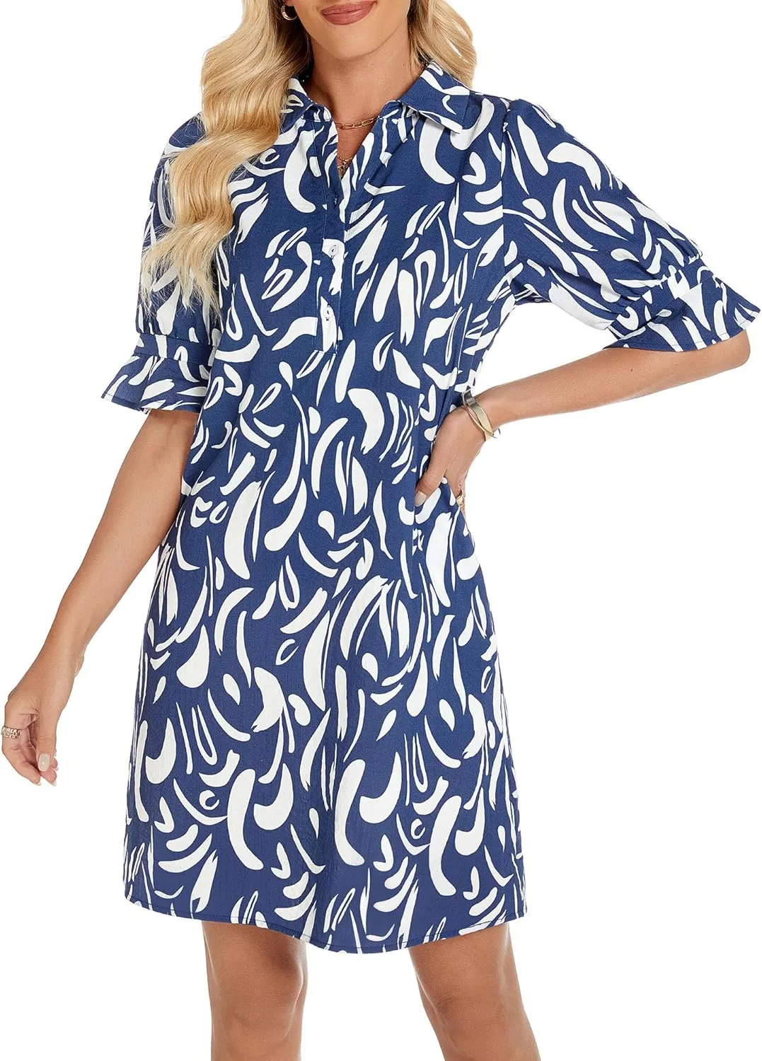 FENSACE Womens Casual Shirt Dress Ruffle Sleeve Solid Color Button Down Shift Summer Dresses with Pockets