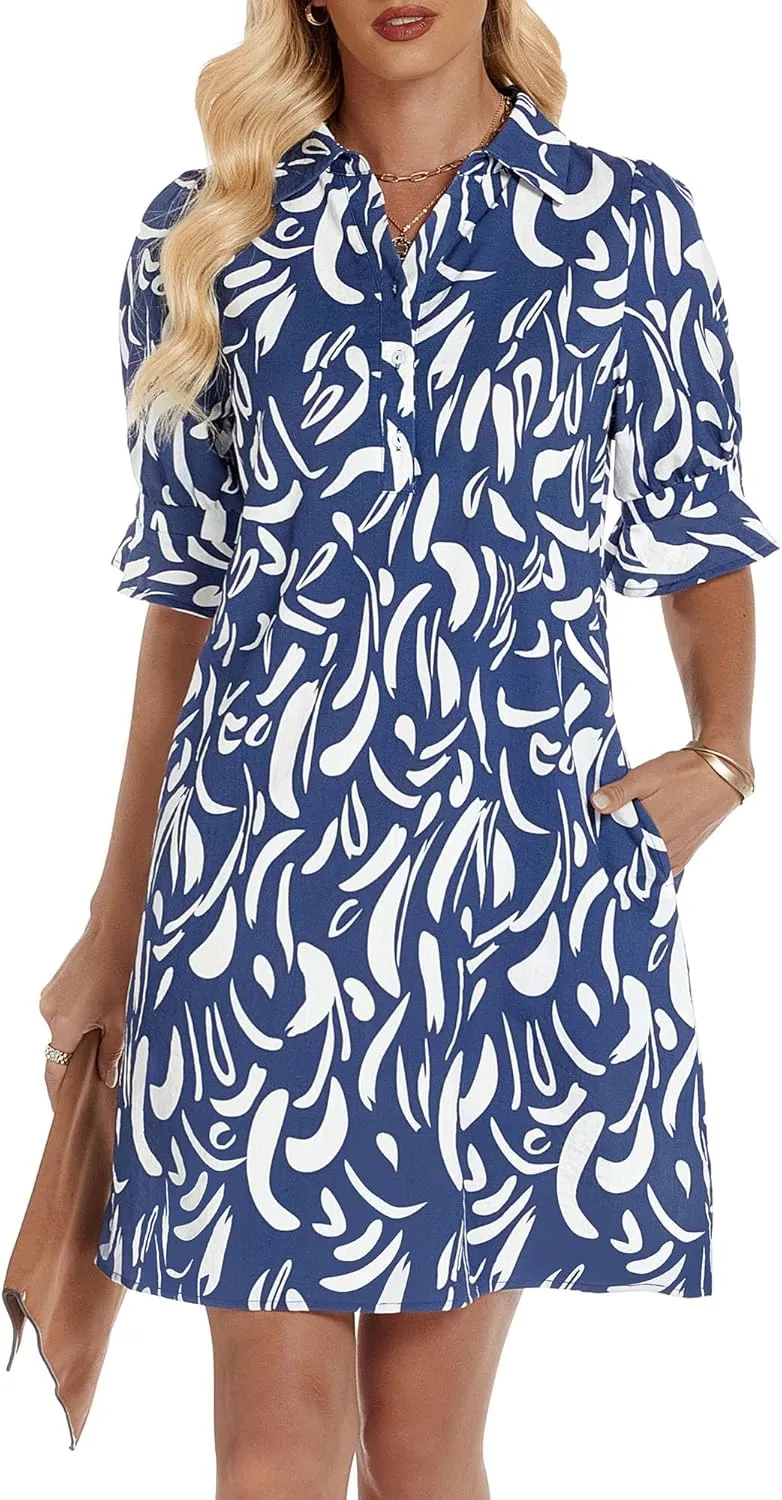 FENSACE Womens Casual Shirt Dress Ruffle Sleeve Solid Color Button Down Shift Summer Dresses with Pockets
