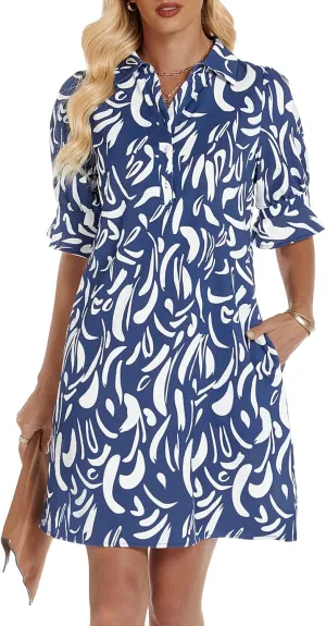 FENSACE Womens Casual Shirt Dress Ruffle Sleeve Solid Color Button Down Shift Summer Dresses with Pockets