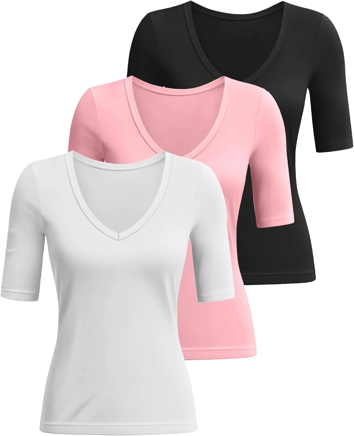 Ficerd 3 Pack Women's Half Sleeve V Neck T Shirts, Cotton Elbow Length Sleeve Shirt Slim Fit Tunic Top Casual Summer Tee