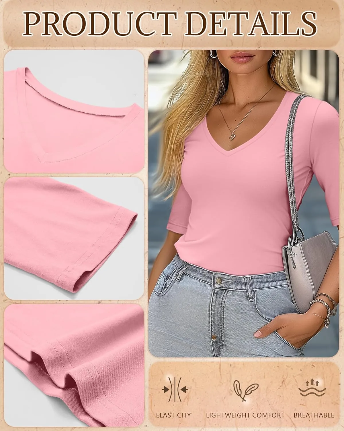 Ficerd 3 Pack Women's Half Sleeve V Neck T Shirts, Cotton Elbow Length Sleeve Shirt Slim Fit Tunic Top Casual Summer Tee