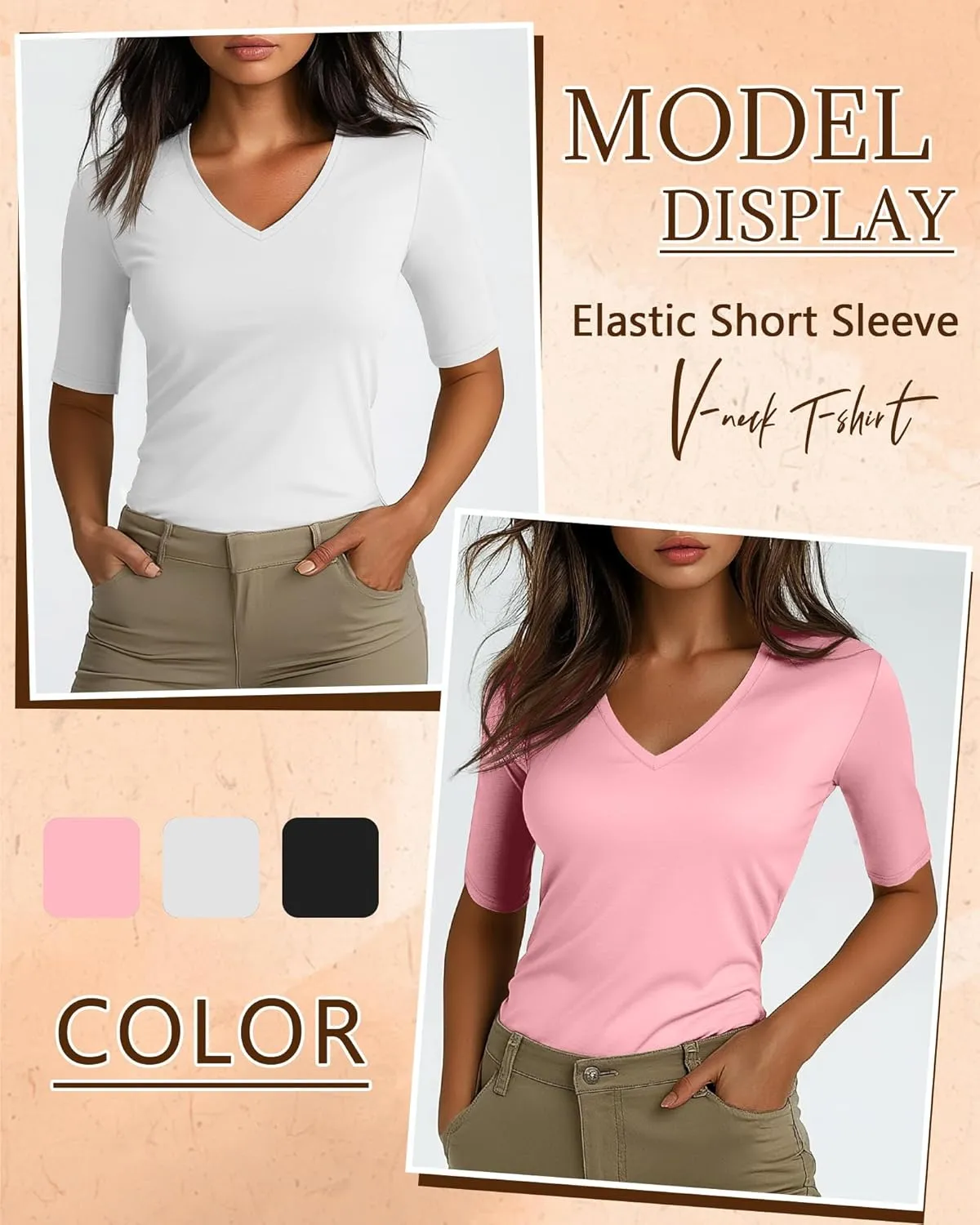 Ficerd 3 Pack Women's Half Sleeve V Neck T Shirts, Cotton Elbow Length Sleeve Shirt Slim Fit Tunic Top Casual Summer Tee