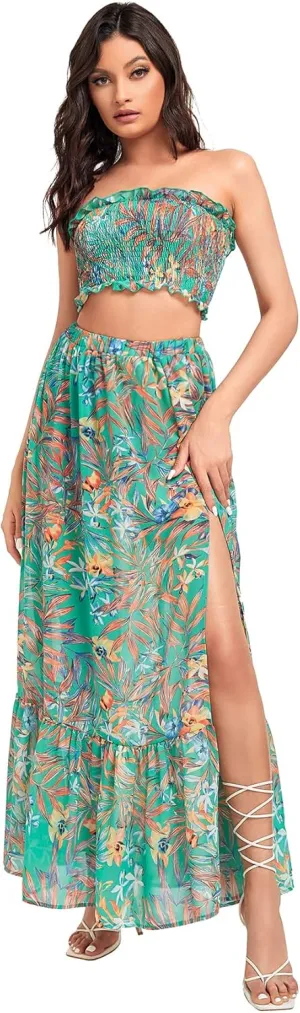 Floerns Women's Summer Printed 2 Piece Outfit Crop Tube Tops and Split Long Skirt Set