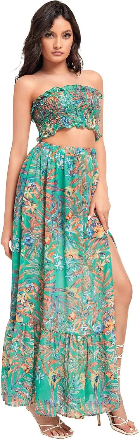 Floerns Women's Summer Printed 2 Piece Outfit Crop Tube Tops and Split Long Skirt Set