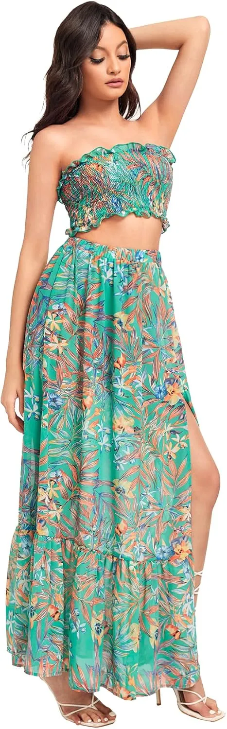 Floerns Women's Summer Printed 2 Piece Outfit Crop Tube Tops and Split Long Skirt Set