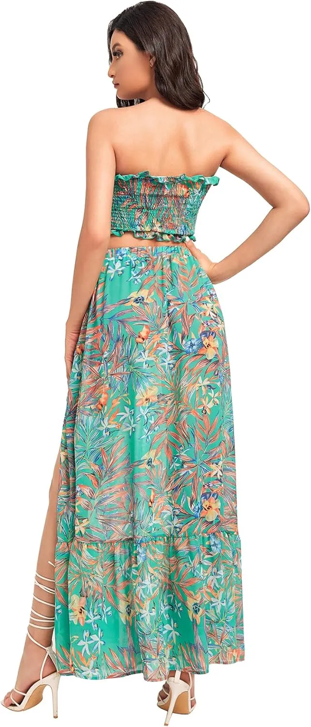 Floerns Women's Summer Printed 2 Piece Outfit Crop Tube Tops and Split Long Skirt Set