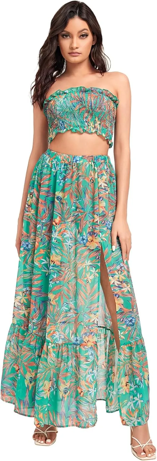 Floerns Women's Summer Printed 2 Piece Outfit Crop Tube Tops and Split Long Skirt Set