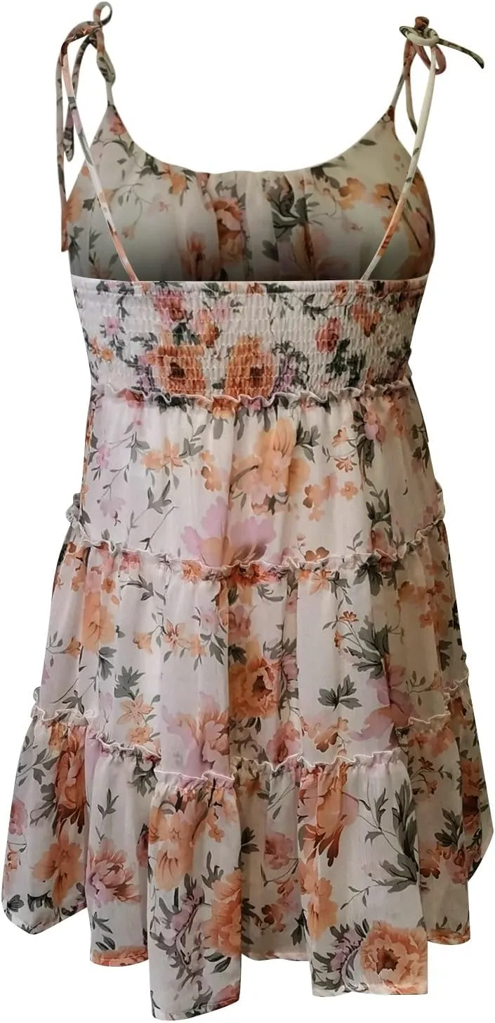 Floral Dress for Women Chiffon Short Mini Skater Dress Flowy Smocked Summer Sun Dresses Spaghetti Strap Tiered Dresses